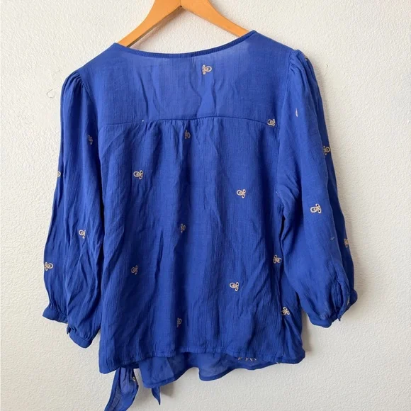Fig & Flower Blue/Brown Embroidery 3/4 Sleeve Blouse Tunic Top Boho Sz Small - Picture 6 of 10